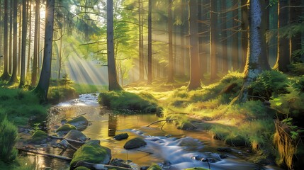 **A tranquil forest glade illuminated by shafts of sunlight filtering through the trees, with a gentle stream babbling in the background