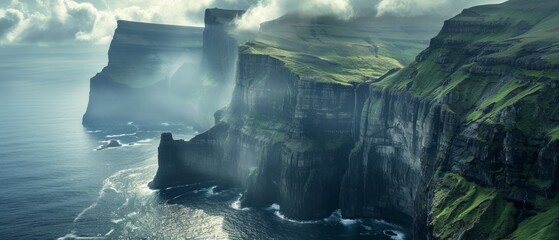 The rugged beauty of the Faroe Islands, Denmark, where dramatic cliffs plunge into the swirling...