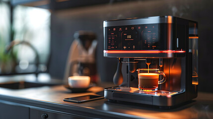 Smart coffee maker with a smartphone displaying the alarm and coffee readiness simultaneously
