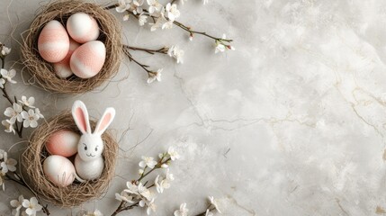 Fototapeta na wymiar Easter egg and rabbit in a nest, Banner with copy space. 