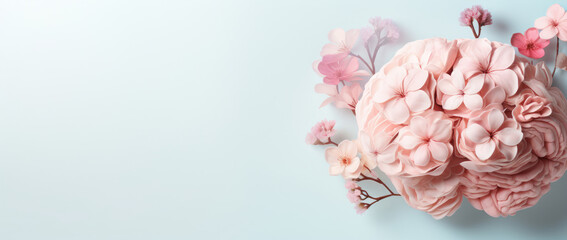 Banner with space for text with blossoming brain. Wellness mind, mental health, positive thinking, well-being. The human brain in bloom. Self-help, psychology, therapy. Mental Health - obrazy, fototapety, plakaty