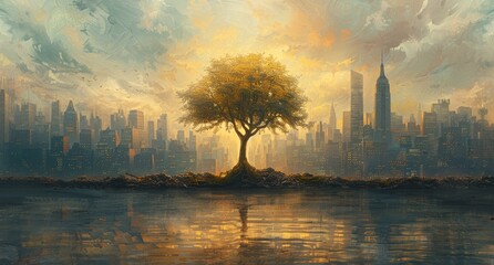A tranquil landscape painting captures the harmonious balance between nature and urbanization, as a...