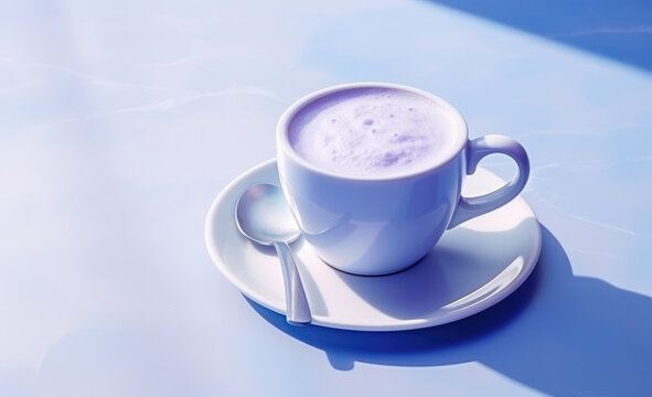 Mock-up of a mug on a minimalistic background. Modern table against a pale lavender wall, minimalistic decoration, copy space
