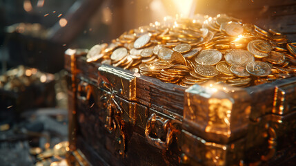 Antique Wooden Treasure Chest Brimming With Gold Coins in Mysterious Dimly Lit Room