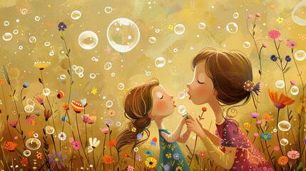 A whimsical scene of a mother and her daughter blowing bubbles in the garden, their laughter mingling with the sweet scent of blooming flowers
