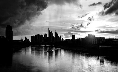 Panoramic view of Frankfurt skyline in Germany. Financial district in downtown with tall bank...