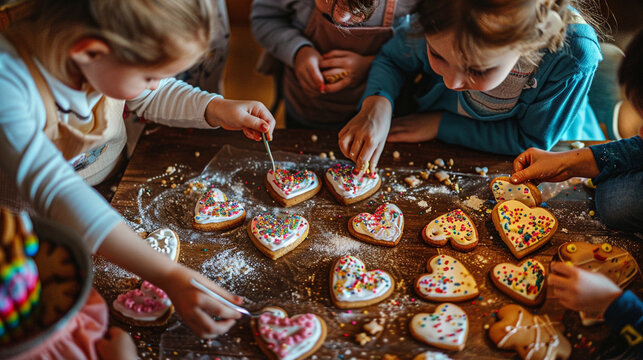 A cozy kitchen alive with the aroma of freshly baked cookies, where mothers and their children decorate heart-shaped treats with colorful icing and sprinkles