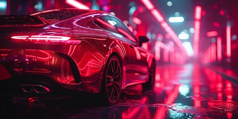 A sleek red sports car glides through the rain-soaked streets, its wheels glistening under the city lights, embodying the perfect blend of luxury and speed in its sleek automotive design - obrazy, fototapety, plakaty