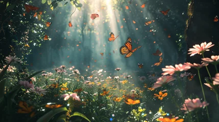 Tuinposter Beautiful Fantasy Enchanted Forest With Butterflies. © Bitz