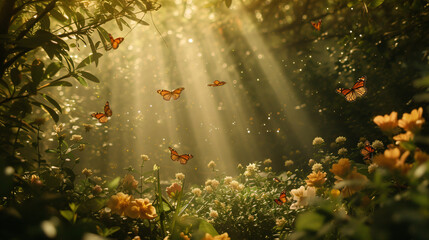 Beautiful Fantasy Enchanted Forest With Butterflies.