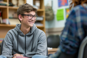 Fototapeta premium Smiling teenage boy talking with mental health professional
