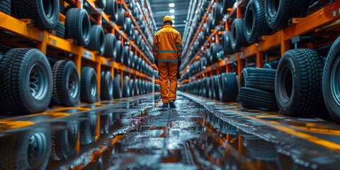 A solitary figure clad in bright orange navigates the maze of stacked tires in a warehouse, surrounded by a sea of parked auto parts - obrazy, fototapety, plakaty