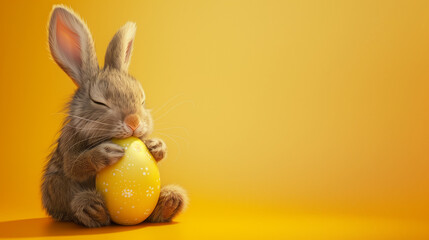 Fototapeta na wymiar Bunny embracing yellow Easter egg on orange backgrou. Ai generated Image