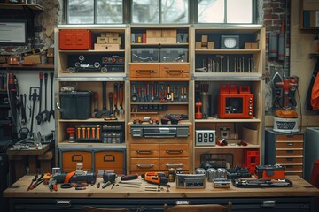 An organized indoor workbench adorned with a variety of tools on its shelves, displaying the craftsmanship and dedication of its owner