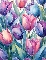 A never-ending pattern of tulips in blue, purple, and pink- watercolor-styled