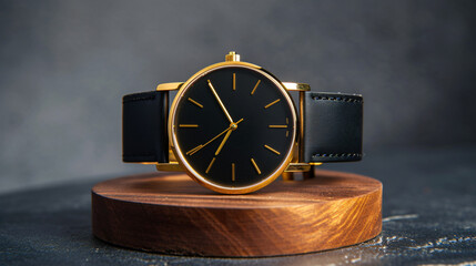 Beautiful Gold Men's Watch With A Black Strap.