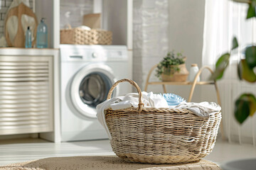 Fototapeta premium Basket with clothes in laundry room with washing machine