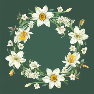 Flora wreath with narcissus. Easter green wreath © thesweetsheep