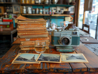 Old instant photos with old camera and old equipment on table in coffee shop - Powered by Adobe