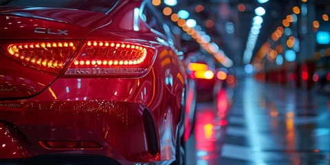 Fotobehang A sleek and powerful red sports sedan with intricate automotive lighting and luxurious design sits illuminated in the night, showcasing its striking wheels and dynamic presence as a top-tier land veh © Larisa AI