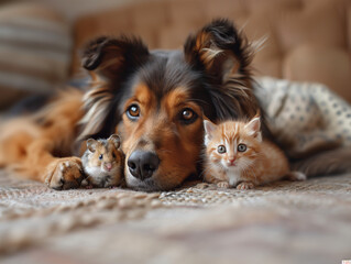Animals in harmony: cat, dog and hamster together