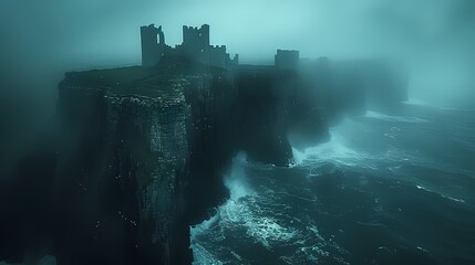 An ancient castle perched atop a rugged cliff, overlooking the crashing waves of the sea below, shrouded in mist and mystery - obrazy, fototapety, plakaty