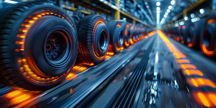 The twinkling lights of a car factory illuminate a steady stream of tires on a conveyor belt, symbolizing the complex and essential infrastructure of the auto industry