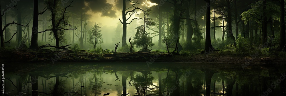 Poster A breathtaking scene of a dense forest with towering trees surrounding a tranquil lake, creating a peaceful and harmonious natural setting