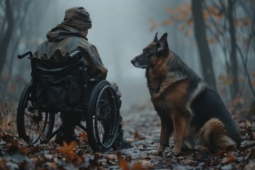 A loyal dog of a specific breed takes a break from hiking to gaze lovingly at their human companion in a wheelchair, both enjoying the great outdoors - obrazy, fototapety, plakaty