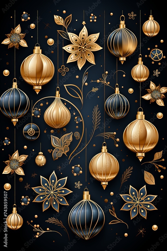 Poster a beautiful christmas card adorned with sparkling gold and blue ornaments, adding a touch of eleganc