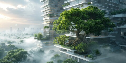 A solitary tree defiantly stands tall on a towering city building, its branches reaching for the foggy sky in a striking contrast of nature against man-made landscape - obrazy, fototapety, plakaty