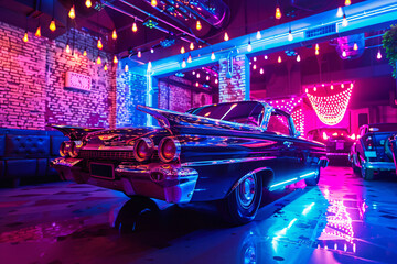 disco background with vintage car in shiny blue. Neon lighting