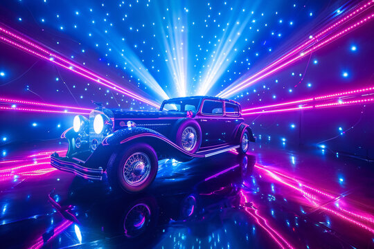 Fototapeta disco background with vintage car in shiny blue. Neon lighting