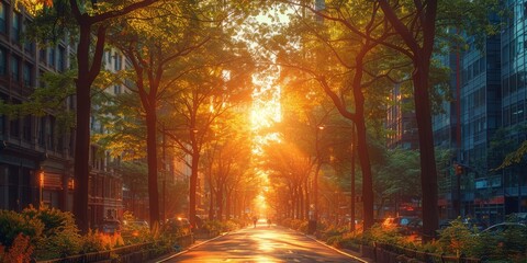 Amber sunlight bathes the autumn street, as trees and buildings stand tall in the warm glow of the setting sun, creating a picturesque city landscape