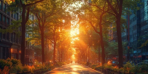 Tuinposter Amber sunlight bathes the autumn street, as trees and buildings stand tall in the warm glow of the setting sun, creating a picturesque city landscape © Larisa AI