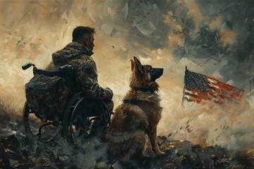 A disabled man and his loyal dog observe a flag fluttering amidst the chaos of a fierce battle, captured in a striking painting that depicts the raw power of violence and the resilience of the human-