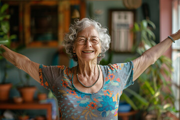 Happy and healthy senior woman doing tai chi - obrazy, fototapety, plakaty