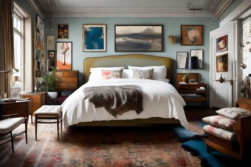 Artistic and eclectic bedroom with a mix of vintage and modern furniture, adorned with unique artwork
