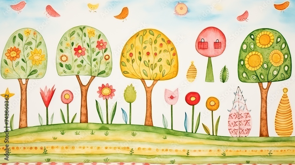 Poster Lush trees and vibrant flowers sway in a colorful field, creating a harmonious scene of natures beauty