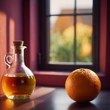 A bottle of oil and an orange on a dark surface near a sunny window 

**A bottle of oil and an orange on a dark surface near a sunny window overlooking a green landscape.** 🖼️

Do yo