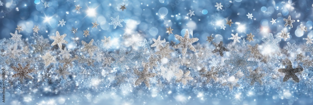 Poster a mesmerizing blue background adorned with delicate snowflakes and sparkling stars, creating a magic