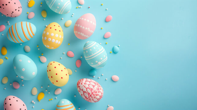 Colorful easter eggs laid out around a blue backgrou , Ai generated Image