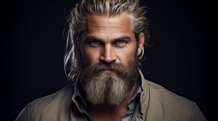 Fototapeta premium A close-up portrait of a handsome, confident, strong middle-aged man with a gray beard and long hair looking at the camera on a black background.