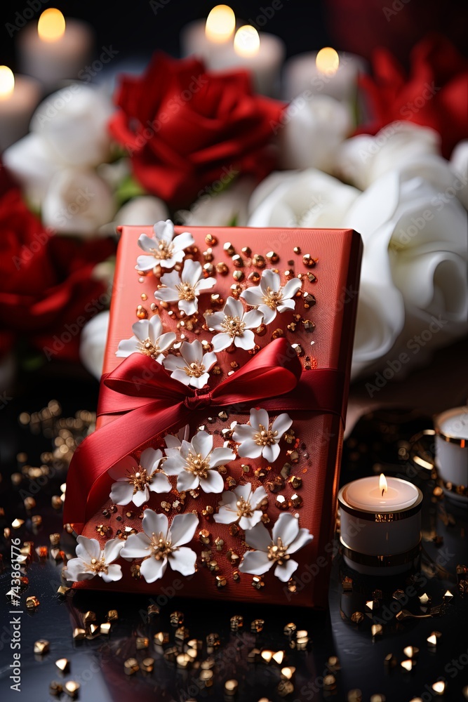 Poster a vibrant red card adorned with delicate white flowers and a charming red bow, adding a touch of ele