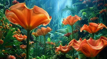 Obraz na płótnie Canvas Tropical paradise with surreal, oversized flowers and wildlife