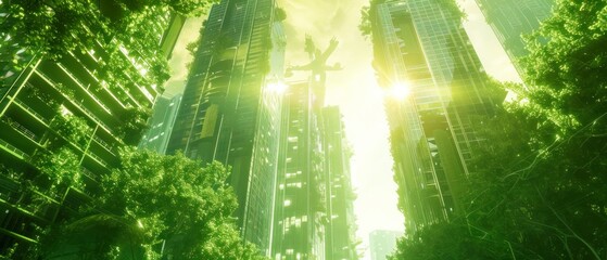 Green energy, eco-city of the future visual language, photosynthesis panels, renewable energy transport system