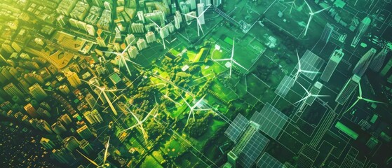 Abstract digital composite of renewable icons, wind, solar, hydroelectric, geothermal, biomass power over satellite photo city - obrazy, fototapety, plakaty