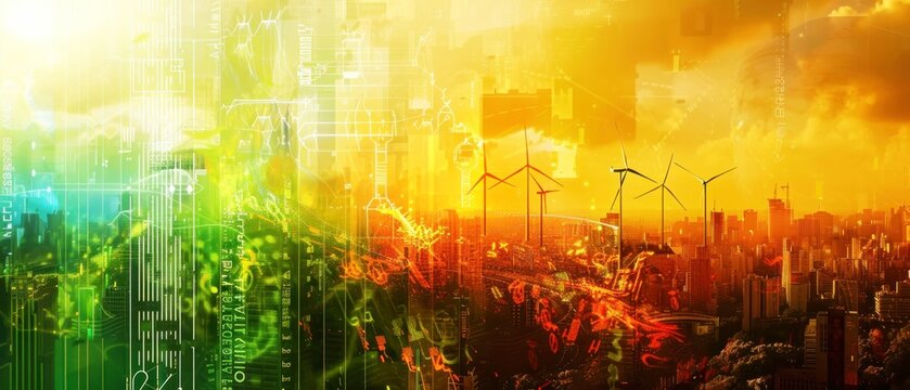 Abstract digital composite of renewable icons, wind, solar, hydroelectric, geothermal, biomass power over satellite photo city