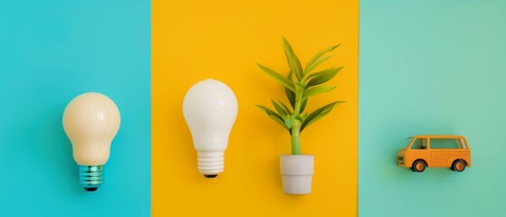 Flat lay conceptual photograph clean energy icons, light bulb, waste recycle, electric transport with plant ,copy-space - obrazy, fototapety, plakaty