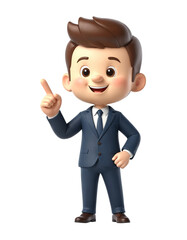 3d style cartoon businessman character pointing hand,  presenting , draws attention to something, isolated on white.  Transparent PNG